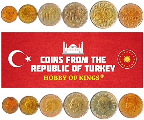 5 מטבעות מטורקיה | אוסף סט מטבעות טורקי 5 10 25 50 100 לירה | הופץ 1985-1989 | מוסטפא כמאל אטאטורק | סהר וכוכב